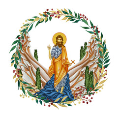 Obraz premium John Baptist (Saint John Forerunner, John Immerser, Prophet Yahya, John Baptizer). Decorative vintage floral wreath, illustration in Byzantine style isolated