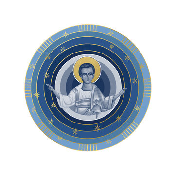 Jesus Christ Lord and Savior. Starry sky round illustration in Byzantine style isolated