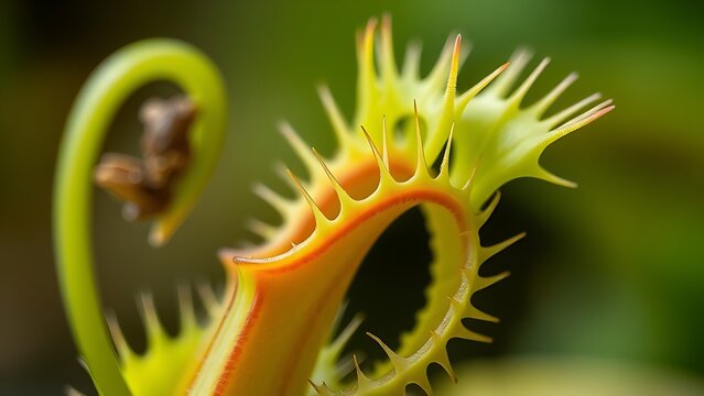 Venus flytrap with leaves partially closed, resembling a tensed mechanism.