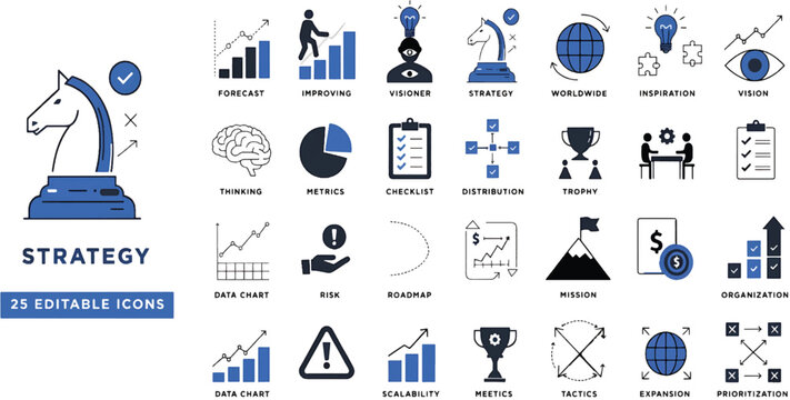 Strategy icon set. Business strategy icons collection. Action planning and corporate management concept. Data chart, analysis, roadmap, metrics and vision symbols. Trophy, success. Vector