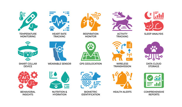 Pet health and tracking icons for monitoring devices and data