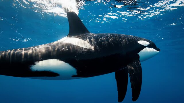 Majestic Orca Swimming Underwater with Sun Rays