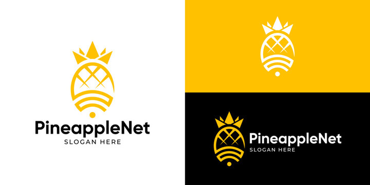 Creative simple pineapple net logo template. Modern pineapple with wireless signal, pineapple connect logo design vector illustration.