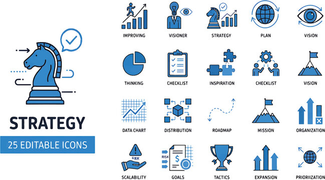 Strategy icon set. Business strategy icons collection. Action planning and corporate management concept. Data chart, analysis, roadmap, metrics and vision symbols. Trophy, success. Vector