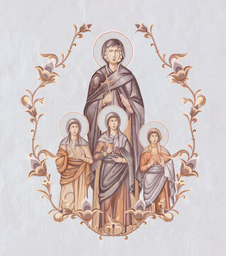 Holy Martyrs Faith, Hope, Love and their mother Sophia. Christian pastel illustration in Byzantine style in floral frame