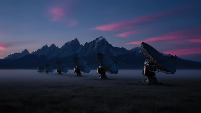 Satellite Dishes in Foggy Mountain Landscape at Dusk