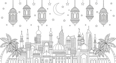 Minimalist line art Ramadan cityscape with mosque domes lanterns crescent moon and palm trees representing Islamic culture festive background concept © MdMokles