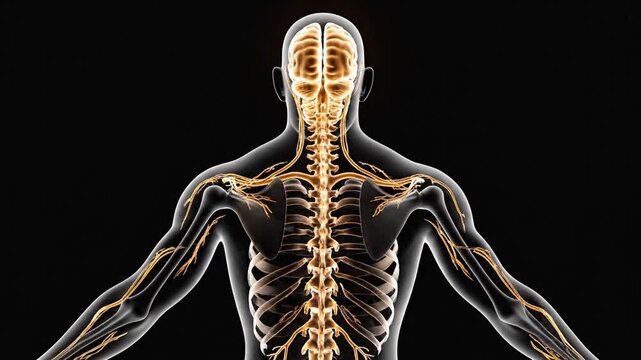Anatomical illustration of the human nervous system with glowing nerve pathways and brain