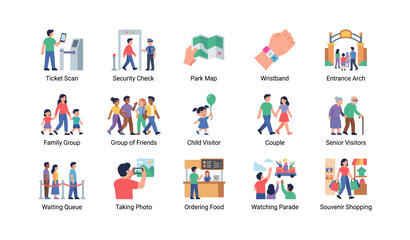 Obraz premium Park visitor icons illustrating entry services and activities
