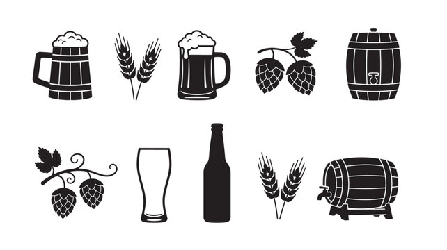 Beer brewing icons set with mug, hops, wheat, bottle, glass, foam cloud, and oak barrel elements featuring hop cones, barley, malt with grain and