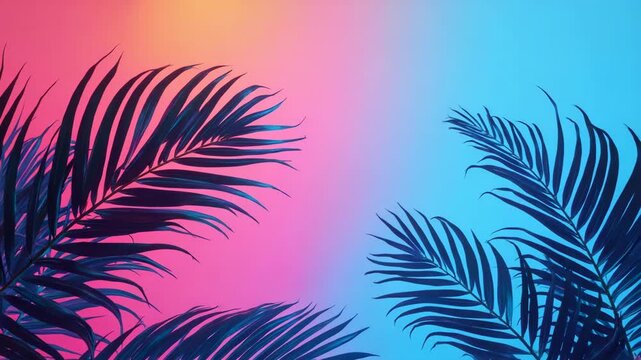Tropical and palm leaves in vibrant bold gradient holographic neon colors. Concept art. Minimal surrealism summer background..