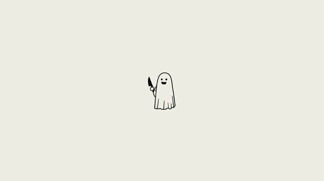 Minimalist cartoon ghost holding a knife with a cute, mischievous smile, Halloween spooky season illustration