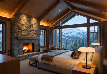 Fototapeta premium Cozy mountain lodge bedroom with fireplace and large windows overlooking snowcapped mountains and evergreen trees