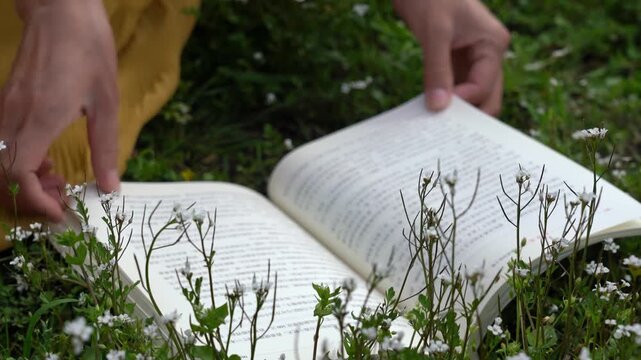 Reading real video through books in 4K grass..mp4