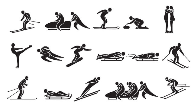 Cross-country skiing and sledding icons set with black silhouettes showing winter sports actions featuring skating, snowboarding, luge with bobsleigh