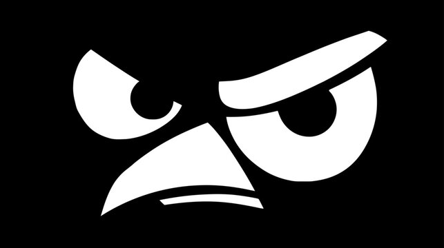 Intense angry cartoon eyes with furrowed brows and a pointed beak illustration on a stark black background. Vector graphic.