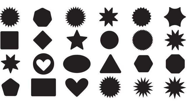Shape burst icons set with black starburst, hexagon, circle, heart, diamond, and polygon silhouettes on white background