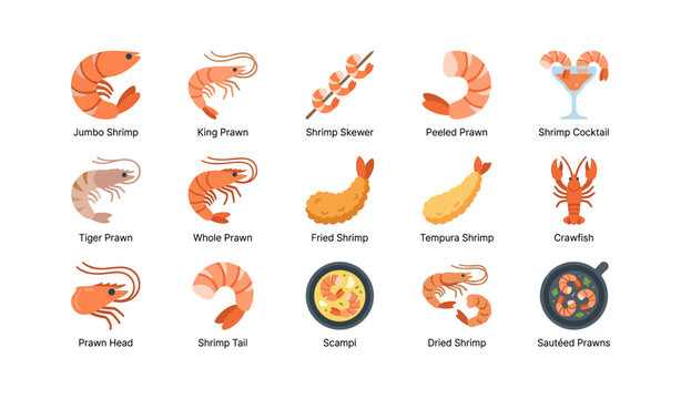 Assorted shrimp and prawn icons displayed in grid layout