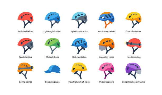 Collection of climbing helmets displayed on white grid
