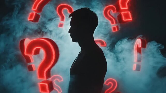 Silhouette of a man surrounded by glowing red question marks in a smoky atmosphere, representing confusion and uncertainty