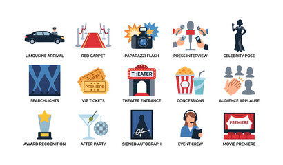 Fototapeta premium Premiere event icons showing red carpet arrival and press