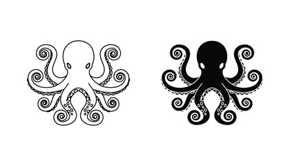 Detailed octopus icon set in outline and solid black style for marine life and sea creature graphics © David