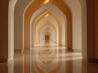 Obraz premium Archways create a graceful, symmetrical pathway. Warm light illuminates the smooth, reflective floor. Each arch reflects in polished surface, enhancing depth
