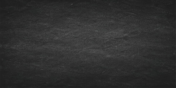 A dark grunge black chalk board with a vintage textured stone surface and an aged grey concrete pattern backdrop for blank design wallpaper