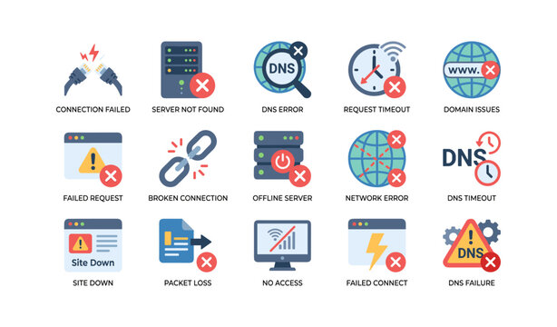 Network error icons showing connection and dns failures on white