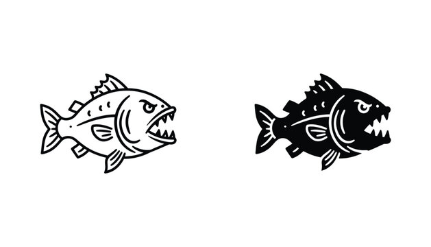 Stylized aggressive piranha fish vector illustration with sharp teeth in outline and solid black silhouette for bold logo and graphic design
