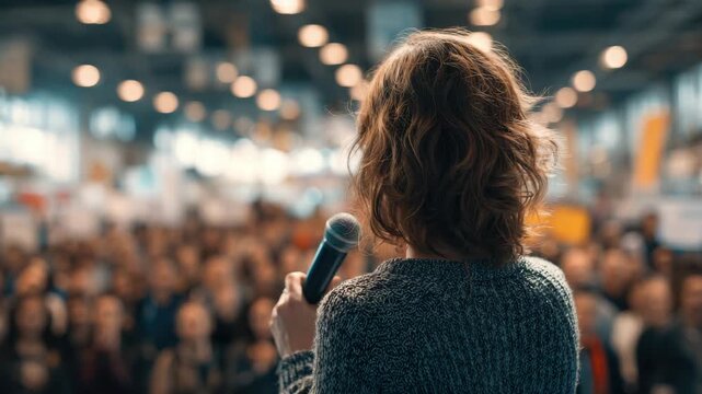 woman with a microphone speaks to a group of people at an event animation