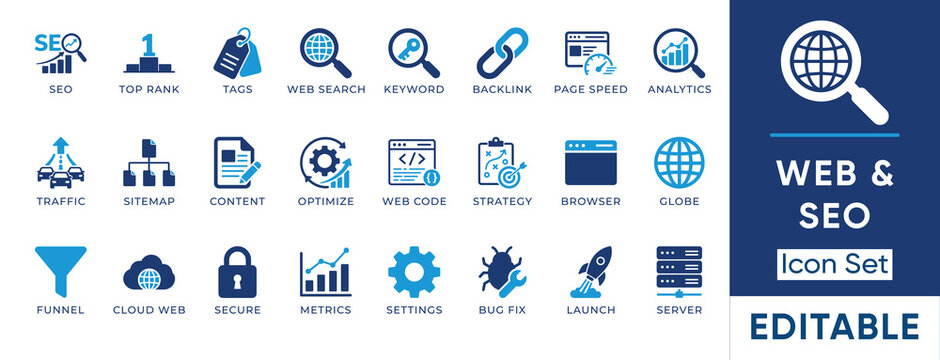 Web and SEO Optimization solid icon set. Includes symbols for Backlink, Page Speed, Sitemap, Keyword, and Analytics. Solid vector icons for digital marketing and website development.