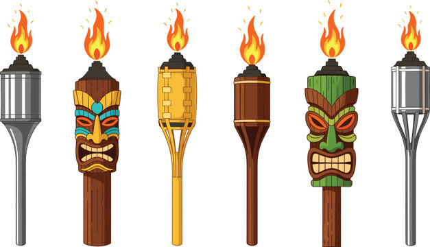 Set of Flaming Tiki Torches with Tribal Designs for Outdoor Decor and Tropical Party Themes