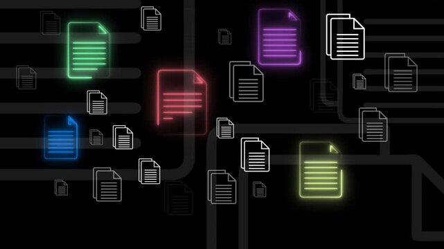 Knowledge base KB and document search concept on the black background. Motion graphics of Enterprise knowledge management and document repository. Animation of online document.