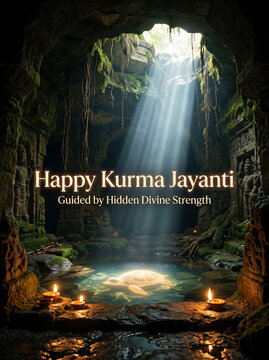 Mystical cave with divine light beams illuminating a sacred pool surrounded by ancient stone carvings lush vegetation and flickering candles evoking spirituality and enlightenment