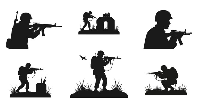 Military silhouette collection soldiers in combat and defensive positions vector illustration