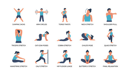 Fototapeta premium Exercise stretching and relaxation poses illustrated in grid layout