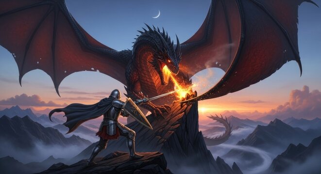 Epic Fantasy Battle Between Knight and Fire Breathing Dragon