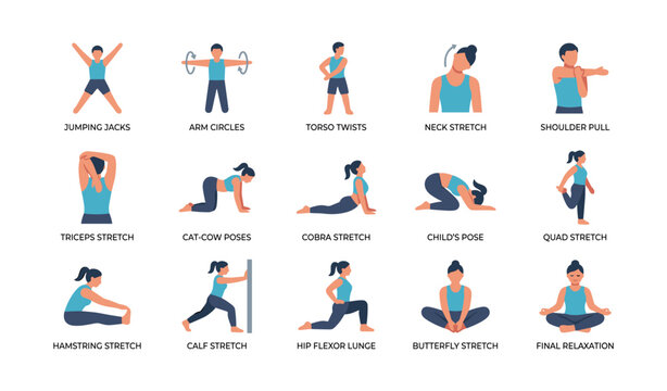 Exercise stretching and relaxation poses illustrated in grid layout