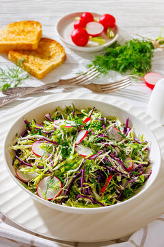 Fresh cabbage and radish coleslaw in white bowl