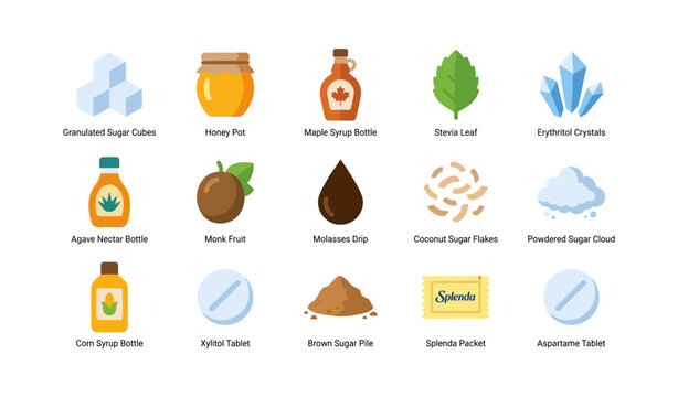 Various sweeteners and sugar substitutes shown as labeled icons