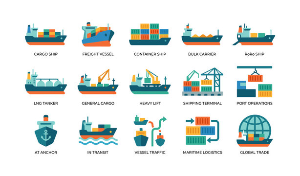 Shipping and maritime icons showing cargo vessels and logistics