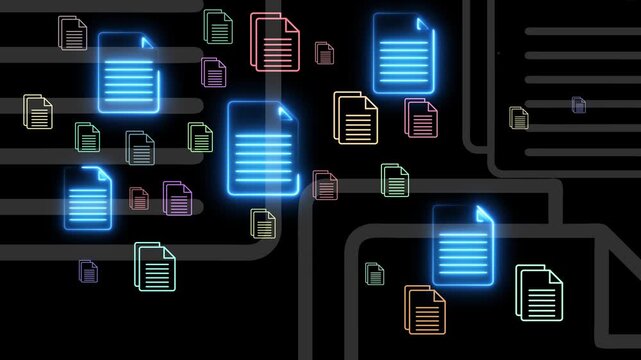 Knowledge base KB and document search concept on the black background. Motion graphics of Enterprise knowledge management and document repository. Animation of online document.