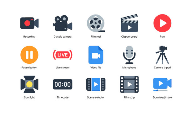 Video and recording icons representing playback and production on white
