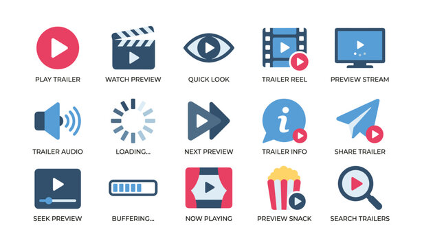 Media trailer and preview icons arranged on white background