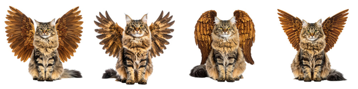 Four Maine Coon cats sitting front facing with large golden bird wings spread open
