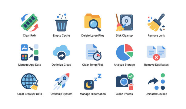 System cleanup and optimization icons arranged on white background