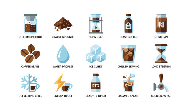 Cold brew coffee icons showing brewing methods on white background