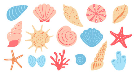 Sea shells, mollusk, mussel, starfish, spiral snail and corals set. Vector illustration of seashell in pastel colors. Tropical beach, ocean or sea life theme. Element in flat style on white background © Julia Me