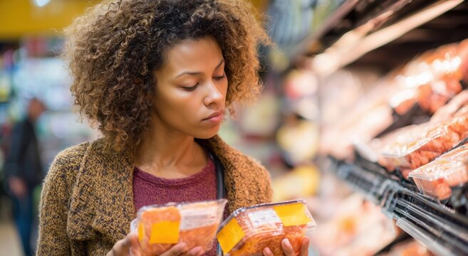 An African American woman is holding two plastic packages of chicken and looking at the label on one package in a grocery store.